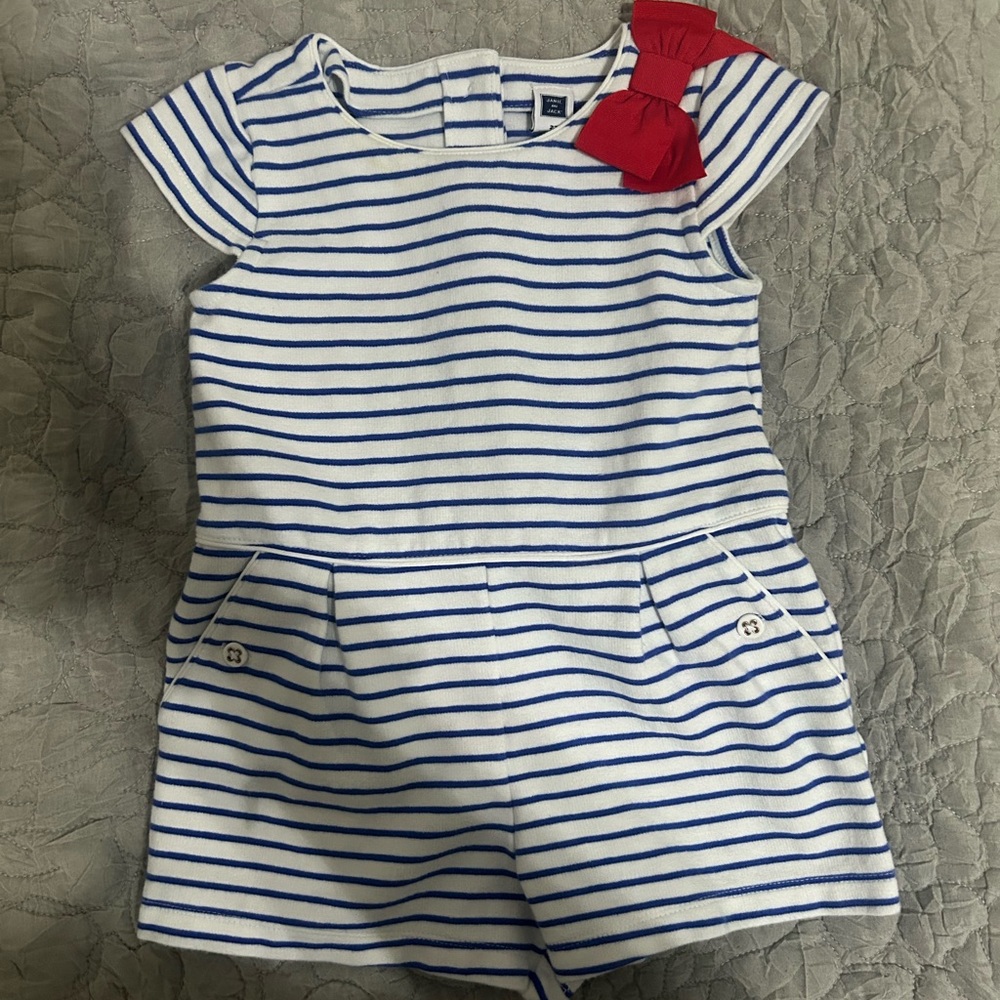 Striped Blue and White Romper with Red Bow